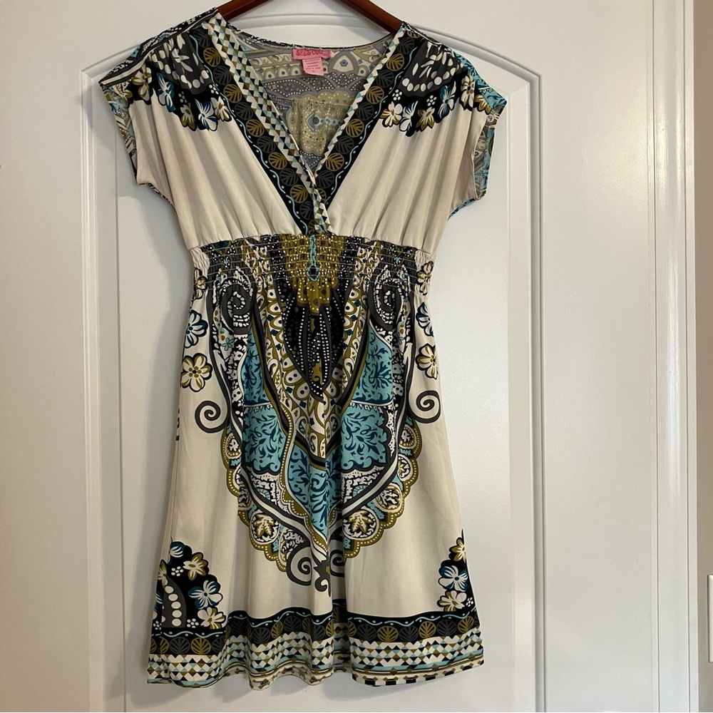 She's Cool empire waist V-neck and cap sleeves paisley "boho" print dress Sz M